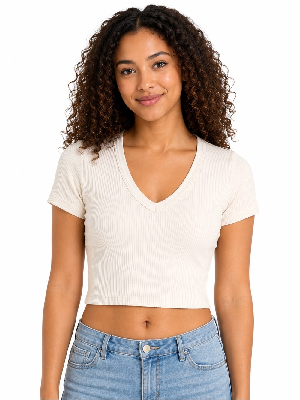 No Boundaries Ribbed V-Neck Baby Tee – Ivory/Cream – Size XL